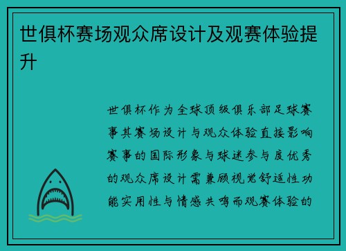 世俱杯赛场观众席设计及观赛体验提升